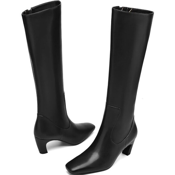 ⚡Women Faux Leather Black Square Toe Chunky Block Heels Side Zipper Boots - Picture 3 of 5